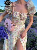 Floral Dress WoSummer Square Collar Puff Sleeve Long Dress Sexy Off Shoulder Side Split Dress