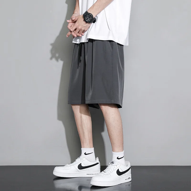 Summer Loose-fit Men's Sports Mid-waist Shorts Lightweight Black Ice Silk Five-poin 2