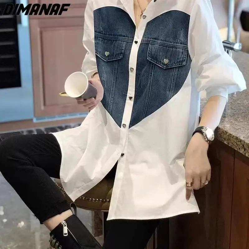 

DIMANAF Plus Size Spring Style Blouse Patchwork Denim Casual Shirt Buttons Women Long Sleeve Loose Shirt