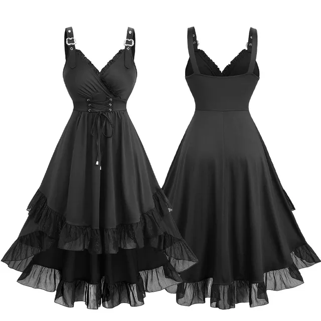 ROSEGAL Plus Size Vintage High Low Tank Dresses Grommets Lace up Surplice Buckle Ruffles Casual Maxi Dress Vestidos Black 1