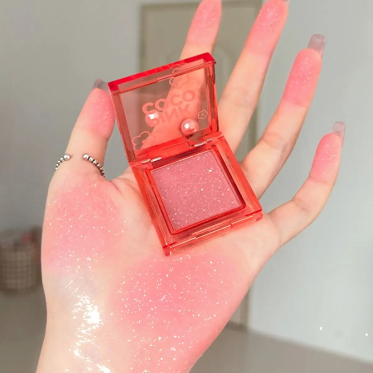 PINKCOCO fine shimmer soft mist tipsy blush single color natural fine shimmer eye shadow blush one plate for multiple uses 3