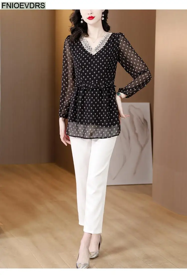 M-5XL 2023 Women European Style Office Lady Long Shirt Patchwork Lace Floral Print Ruffle Belly Black Tunic Peplum Top Blouse