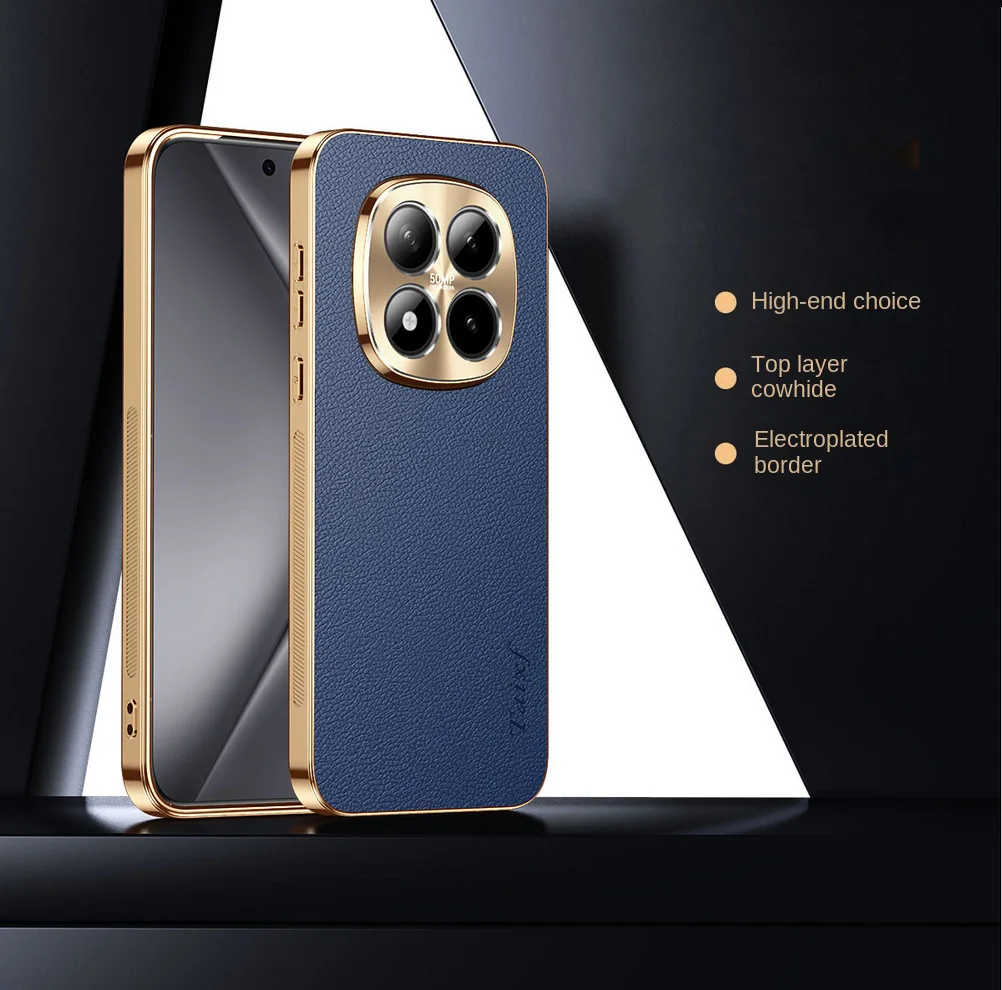 Premium Electroplated Frame Cowhide Leather Phone Case with 4-Lens Protector and Anti-Drop Cover