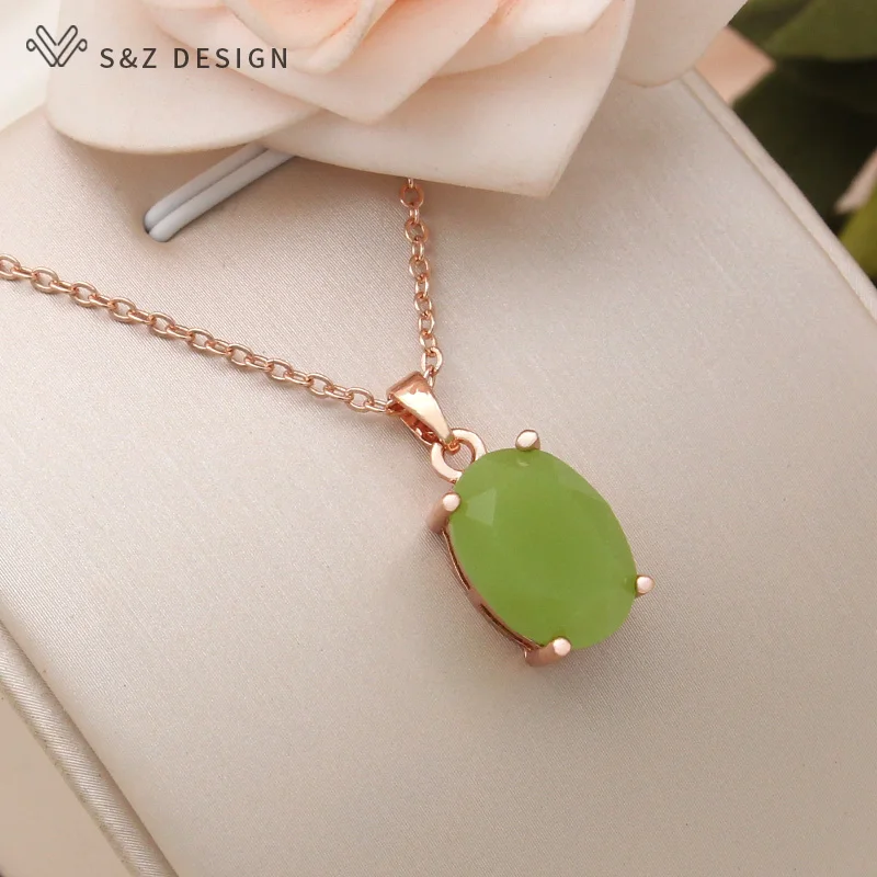 S&Z DESIGN New Fashion Oval Egg Shape Imitation Jade Glass Pendant Necklace For Women Elegant Party 585 Rose Gold Color Jewelry