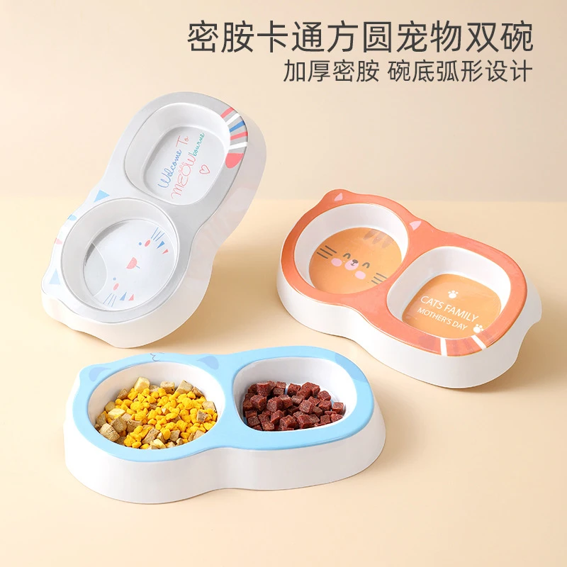 New Naughty Pet Food Bowl Feeding Basin Cat Bowl Addensato Cartoon Square Pet Double Bowl Dog Bowl