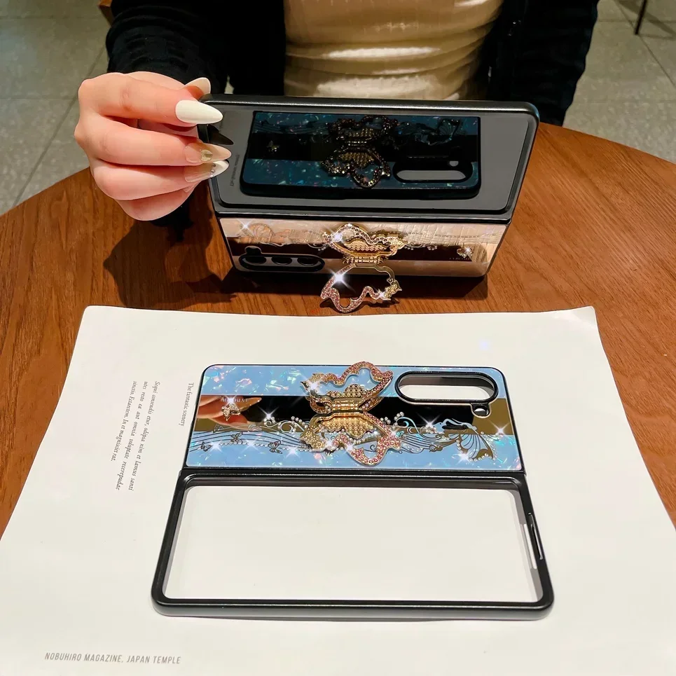 Lüks Kelebek Yüzük Stand Tutucu Telefon Kılıfı Samsung Galaxy Z Fold 6 5 4 3 Fold6 5G Darbeye Dayanıklı Arka Kapak Koruması_voghion.com