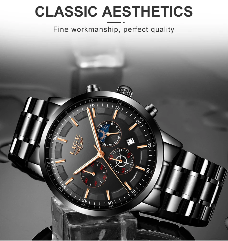 LIGE Men Watches Steel Wristwatch Sport Waterproof Chronograph Analog Quartz Watch Man Business Date Clock Luxury Watch for Men