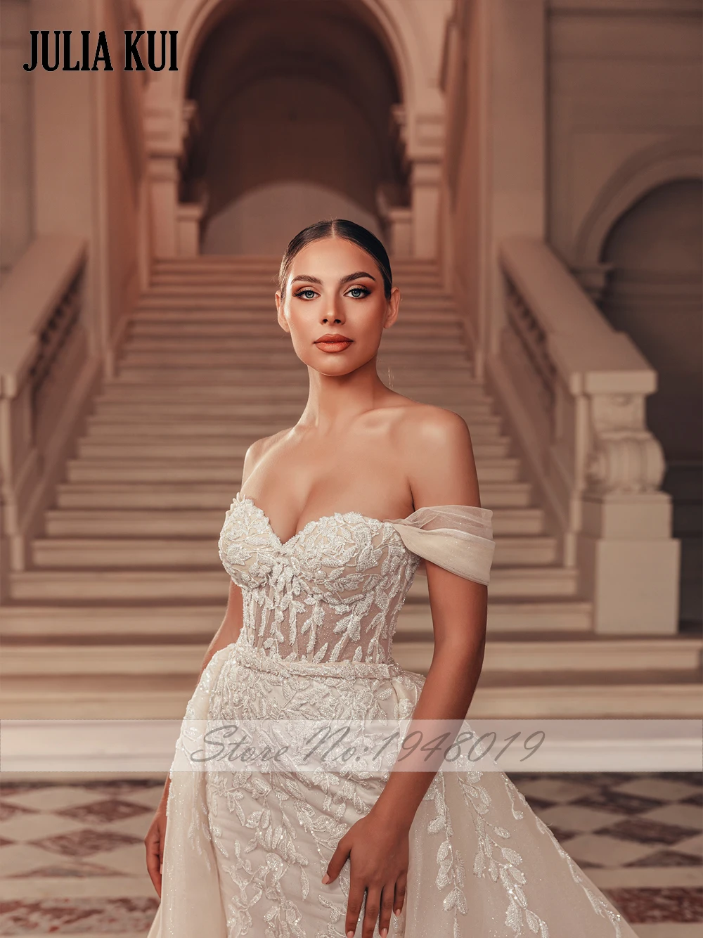 Elegant Shiny Tulle Off Shoulder Sweetheart Mermaid Wedding Dresses Beading Embroidery Appliques Lace 2 In 1 Bridal Gown 4