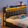 Bed Frame Queen Size with Storage Headboard and 2 Drawers, Upholstered Platform Bed with Charging Station and LED Light, Black 5