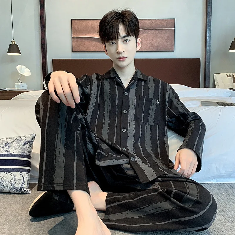 Autumn Winter Men's Pure Cotton Pajamas Polo Collar Long Sleeve Cardigan Oversized Comfortable Casual Home Clothing Set