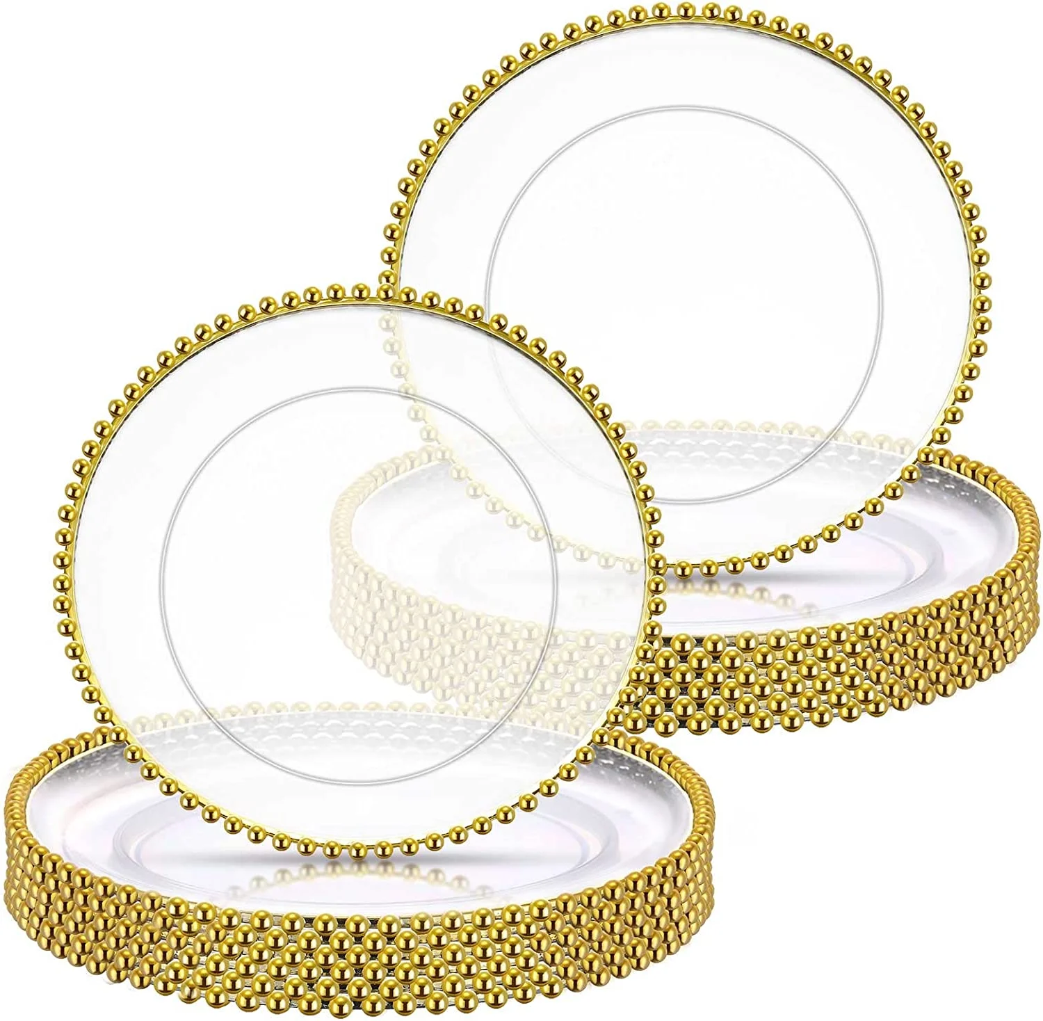 50pcs/100pcs/200pcs Decorative Service Plate with Clear Plastic and Gold Beads Rim for Tableware