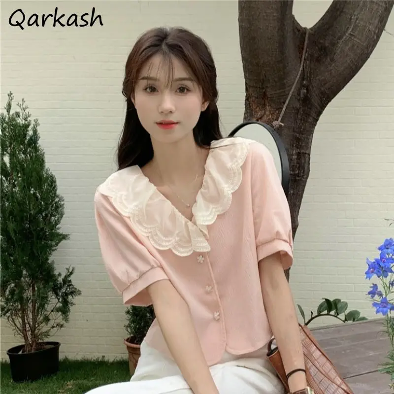 

Peter Pan Collar Lace Shirts Women Pink Summer Tops Harajuku Sweet Lovely Korean Fashion Preppy Style Females College Leisure