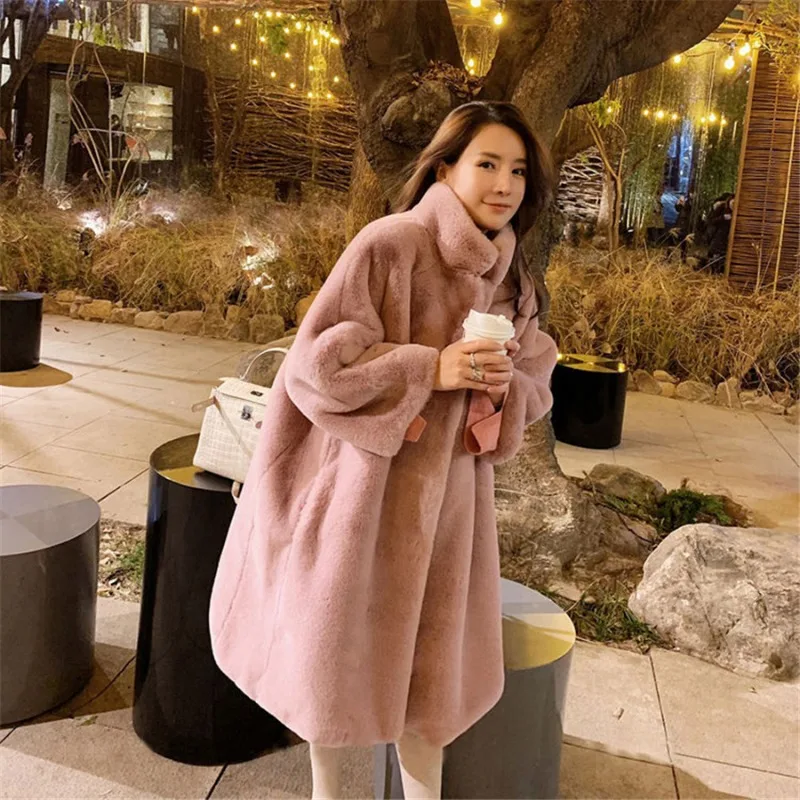 Winter New Imitation Mink Faux Fur Coat Plush Long Coat Women Warm Thicken Overcoat Fashion Stand Collar Loose Casual Jackets