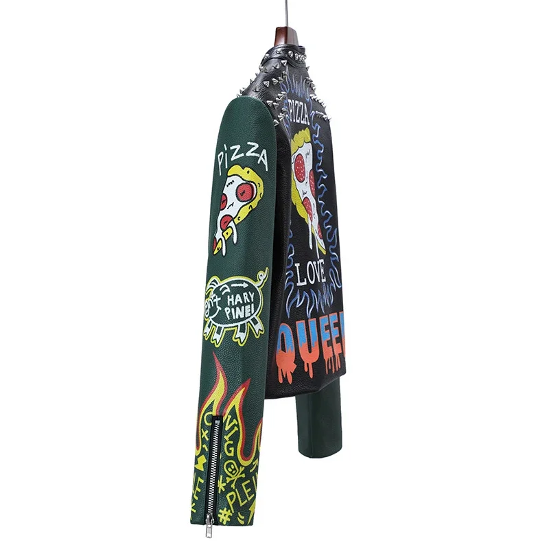 Cropped Graffiti Print Leather Jacket for Women 2024 Trend Rivets Punk Style Streetwear Contrast Faux Leather Motorcycle Jackets