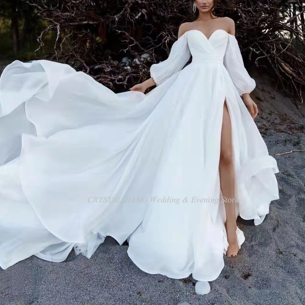 

Элегантное милое белое шифоновое свадебное платье с рукавом три четверти, выполненное на заказ, свадебные платья в стиле бохо с высоким разрезом
