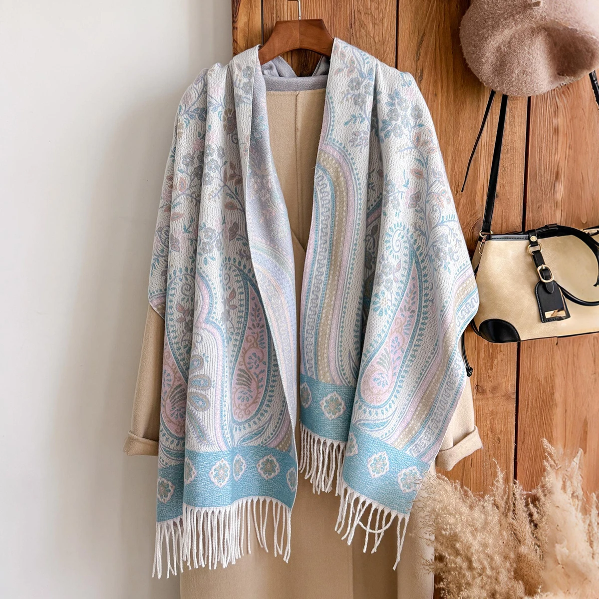 Brand Fashion Women's Winter Cashmere Shawl - Vintage Floral Printed Tasseled Oil Painting Style Pashmina Thick Wrap & Echarpe