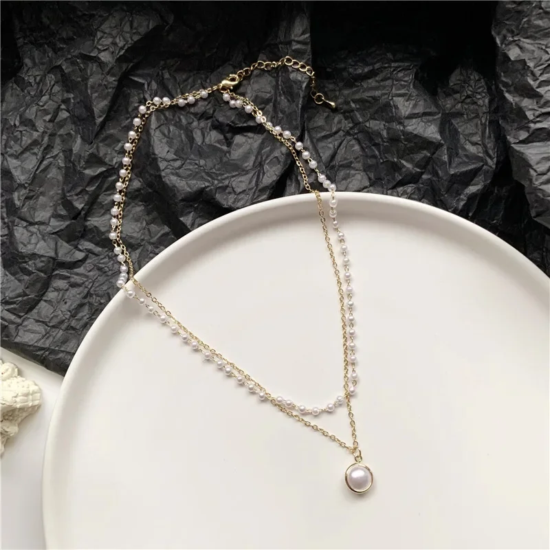Korean Elegant Pearl Beads Necklace for Women Fashion Rhinestone Shell Heart Pendant Necklace Girl Charms Vintage Choker Jewelry