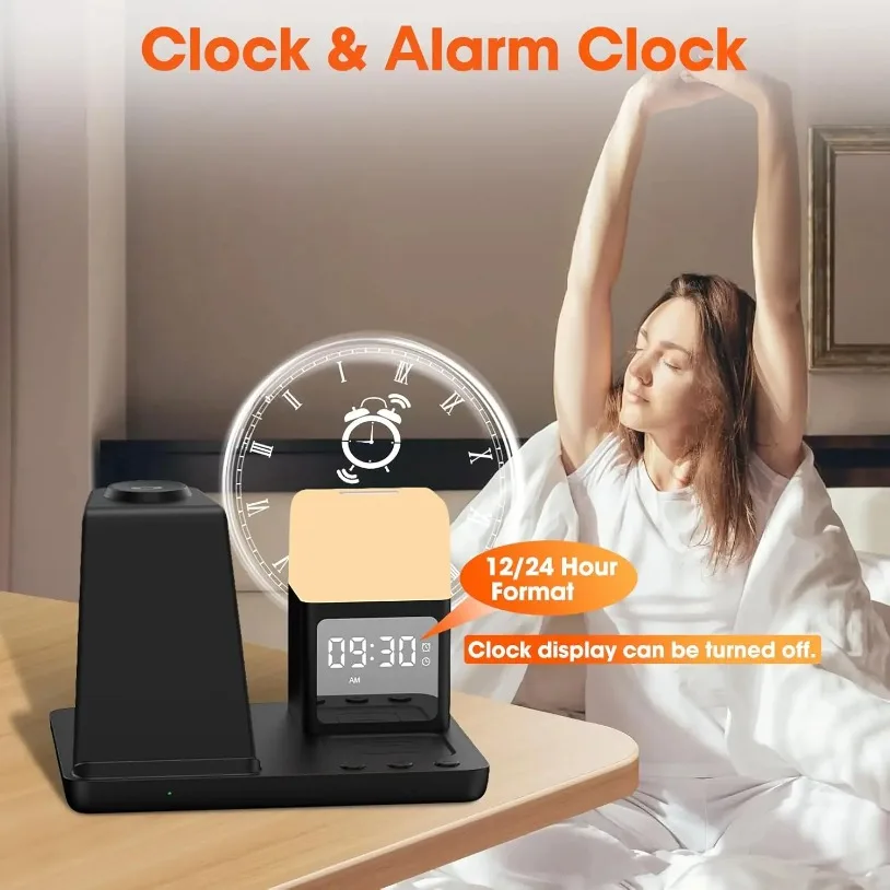 6 in 1 Alarm Clock-Night Light Wireless Charger Charging Station for Samsung Galaxy S25 Ultra/S24/S23 Samsung Watch7/6 Buds3 Pro