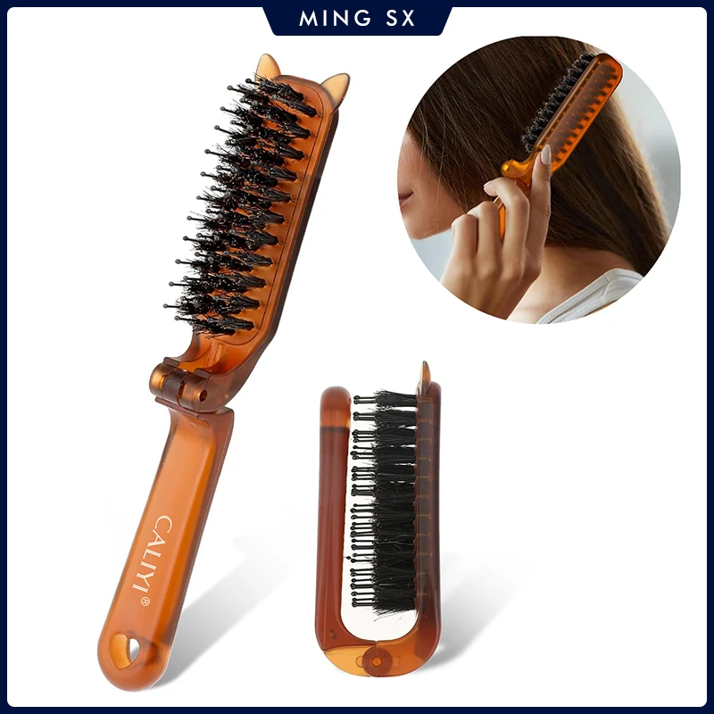Folding Travel Hair Brush Portable Mini Comb Boar Bristle Hides Hair Gaps Smoothing Styling Tools