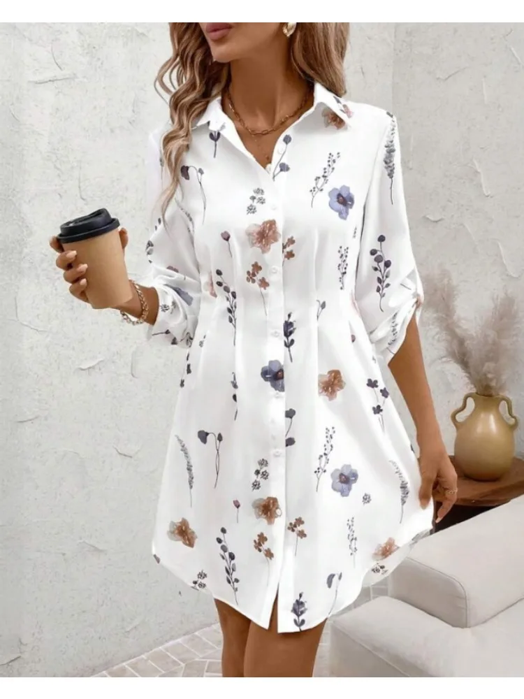 Autumn New Women's Clothing Women's Lapel Cardigan Shirt Printed Single-breasted Medium and Long Shirt Dress