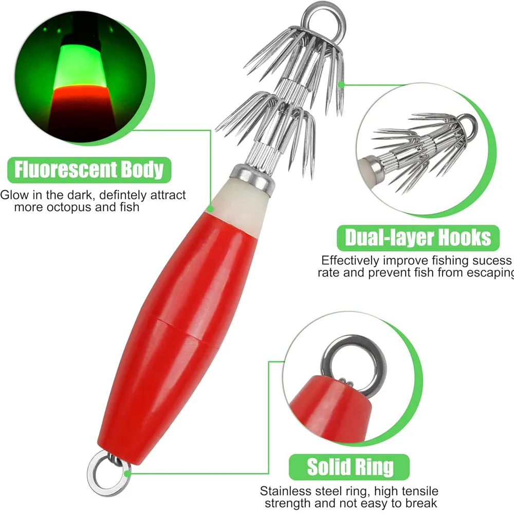 10Pcs Leucht Tintenfisch köder Octopus Holz Garnelen köder Glow Angeln Locken Salzwasser Köder Tintenfisch jig Tintenfisch Haken – Detail 7