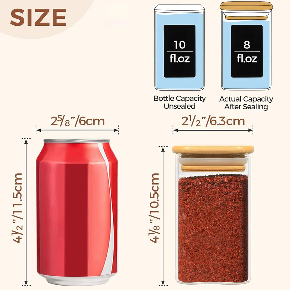 HHMJSM Lot De 6 Bouteilles Verre Avec Couvercle Et Cuillère En Bambou – Grand Récipient à Sucre De 500 Ml Avec 148 étiquettes De Pot à épices Préimprimées – Contenants En Verre