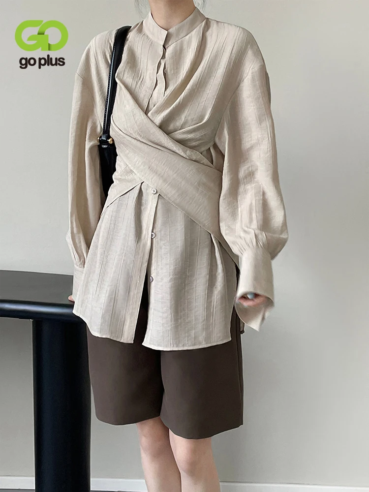 

Женские рубашки GOPLUS, блузки в Корейском стиле 2023, блузка с длинным рукавом и разрезом, синие топы на пуговицах, элегантные женские рубашки C60377