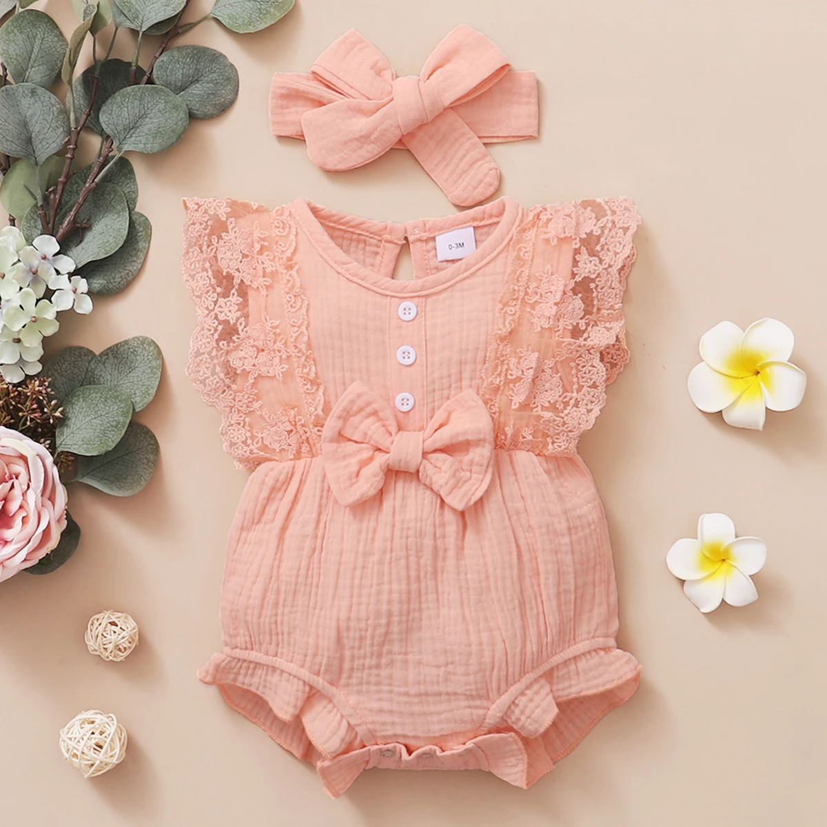 0-18 Months Newborn Baby Girl Plain Soft Bodysuit Lace Flared Sleeve Summer Romper with Headband Toddler Baby Girl Clothing 1