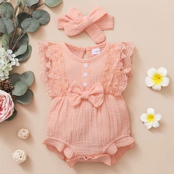 0-18 Months Newborn Baby Girl Plain Soft Bodysuit Lace Flared Sleeve Summer Romper with Headband Toddler Baby Girl Clothing 1