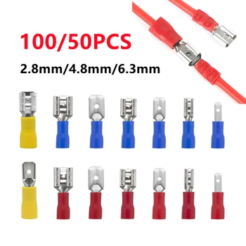 100/50pcs 2.8mm 4.8mm 6.3mm Male Female Spade Terminal Cable Connector Electrical Wire Crimp Butt Wire Connector Cold Press Plug