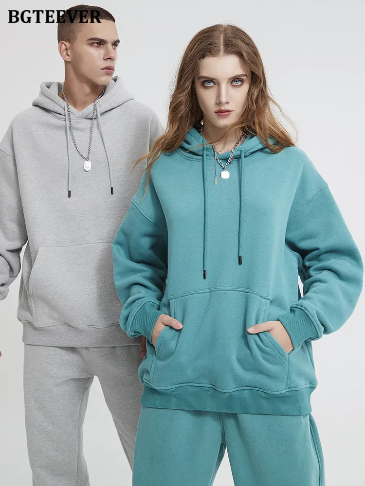 BGTEEVER Winter Thicken Fleece Two-Piece Sets Women Tracksuits Oversized Hooded and Harem Pants Solid Sweatshirts Suits Female