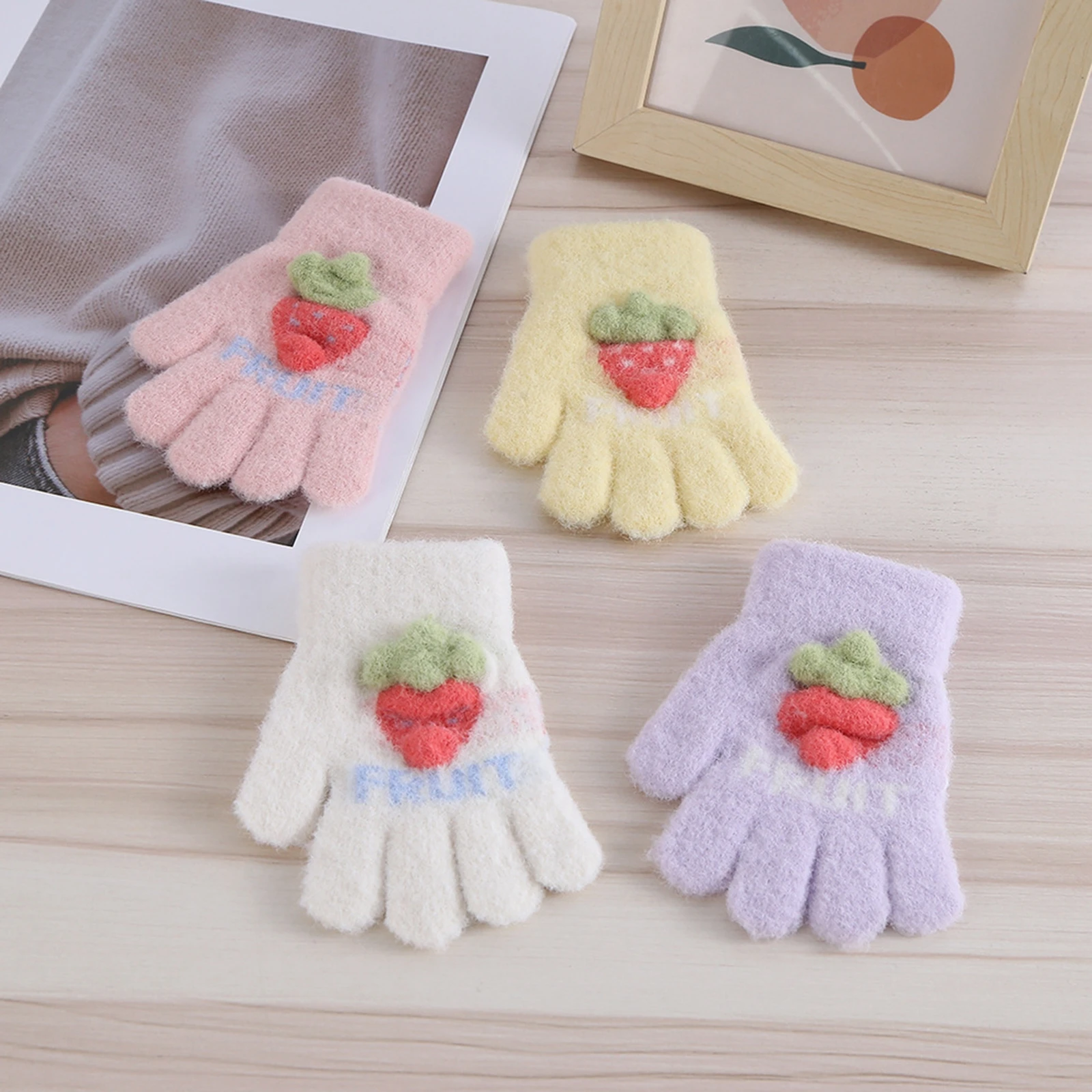 Toddler Baby Girls Winter Gloves Strawberry Soft Knit Gloves Warm Indoor Outdoor Mittens Unisex Infant Thicke Full Rope