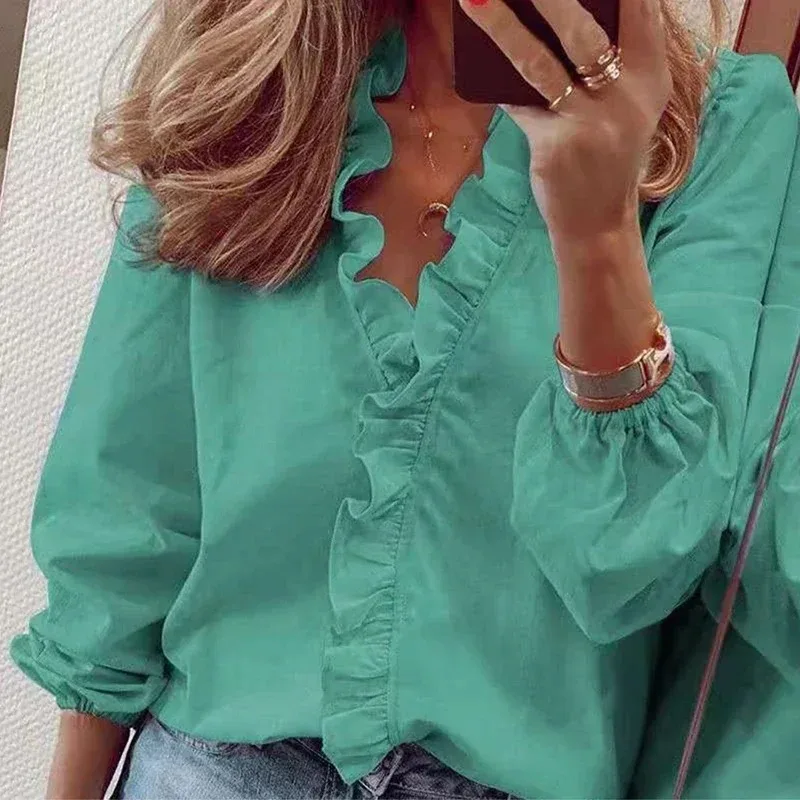 Sweet Ruffles Shirt for Women Elegant Blouse Floral Letter Print Long Sleeve White Tops Loose Clothes Spring Autumn 18246