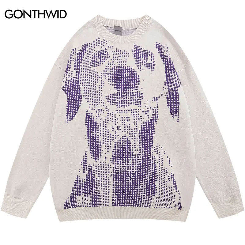 

Harajuku Sweater Streetwear Hip Hop Knitted Dog Animal Jumper 2023 Autumn Men Fashion Loose Casual Pullover Sweaters