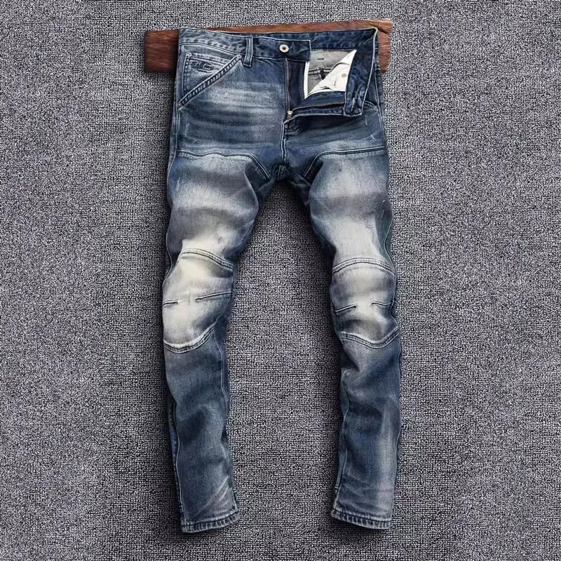 High Street Fashion Men Jeans Retro Blue Stretch Slim Fit Spliced Designer Biker Jeans Homme Patched Hip Hop Denim Pants Hombre