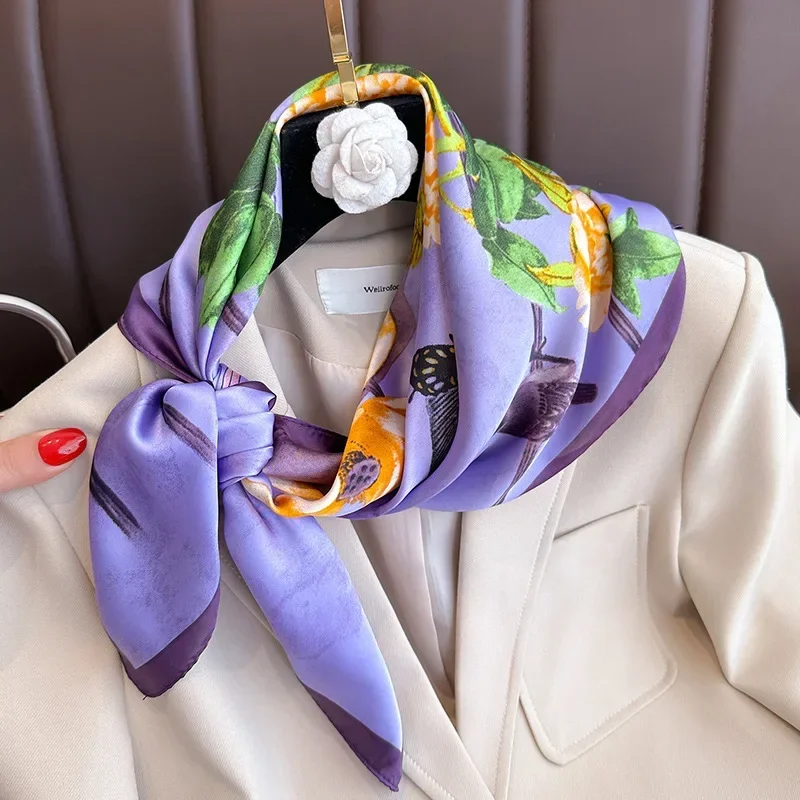 New Purple Luxury Floral Print Silk Square Scarf Women Soft Satin Hairband Hands Bag Ribbons Foulard Neckerchief Headband Hijab 5