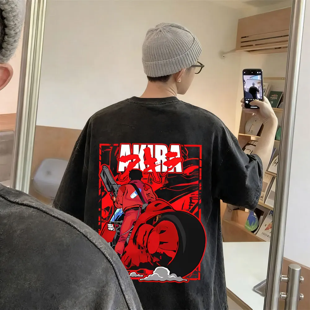 Gewaschenes Vintage Anime Akira Japanischer Science-Fiction-Cartoon-Film Shotaro Kaneda T-Shirt für Männer und Frauen 90er Manga Übergroße T-Shirts