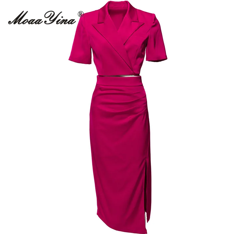 

MoaaYina/летний модный подиумный костюм с юбкой, короткое пальто с отложным воротником + юбка-карандаш с разрезом по бокам, однотонный комплект из 2 предметов