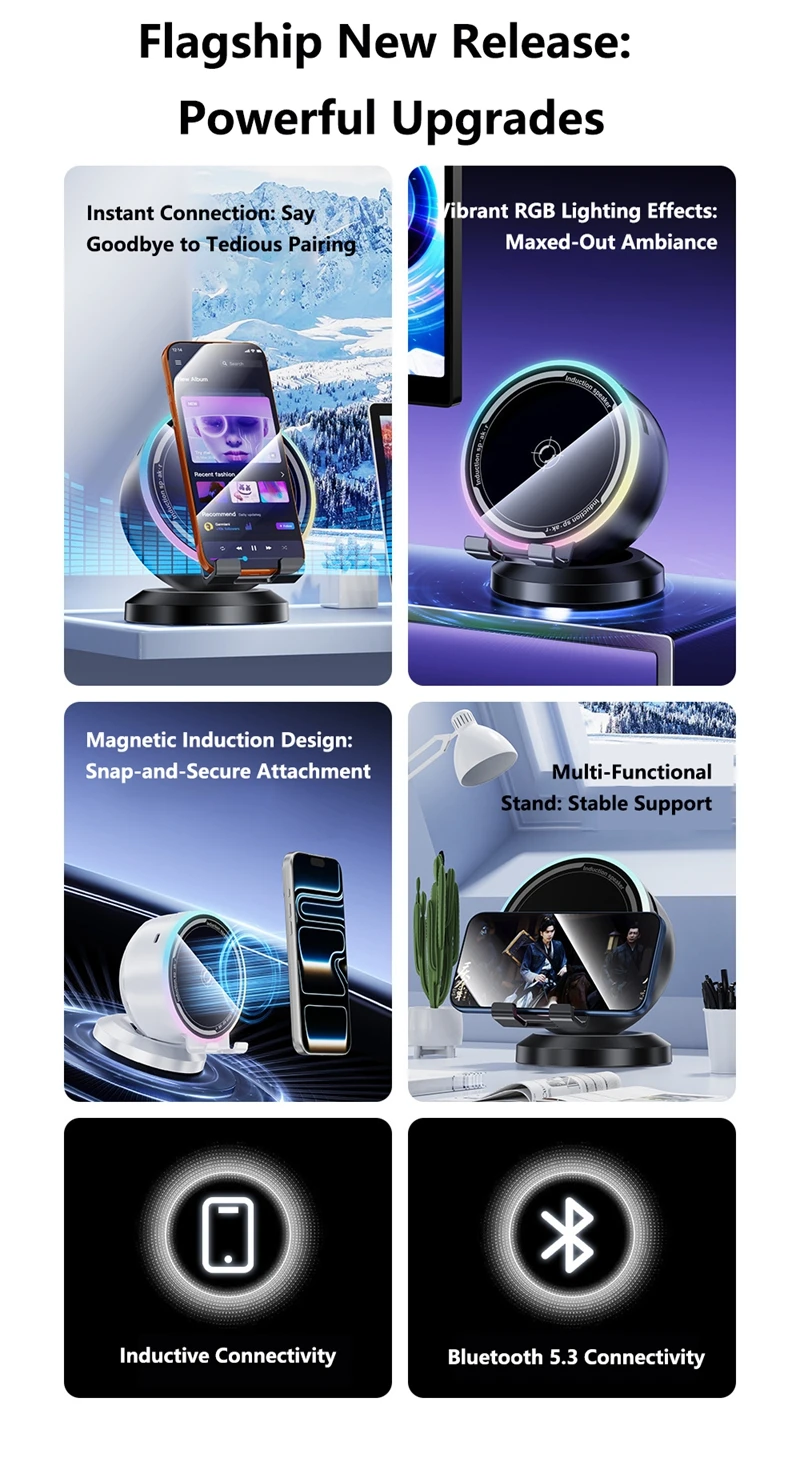 Sensore intelligente per supporto per cellulare, audio, luce RGB pulsante, altoparlante Bluetooth multifunzione da tavolo 2026_voghion.com