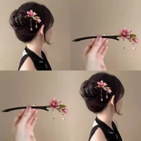 Floral Hair Stick Chinese Style Hairpin, Pink Flower Tassel Retro Traditional Hanfu Elegant Hair Accessory For Women Daily Party