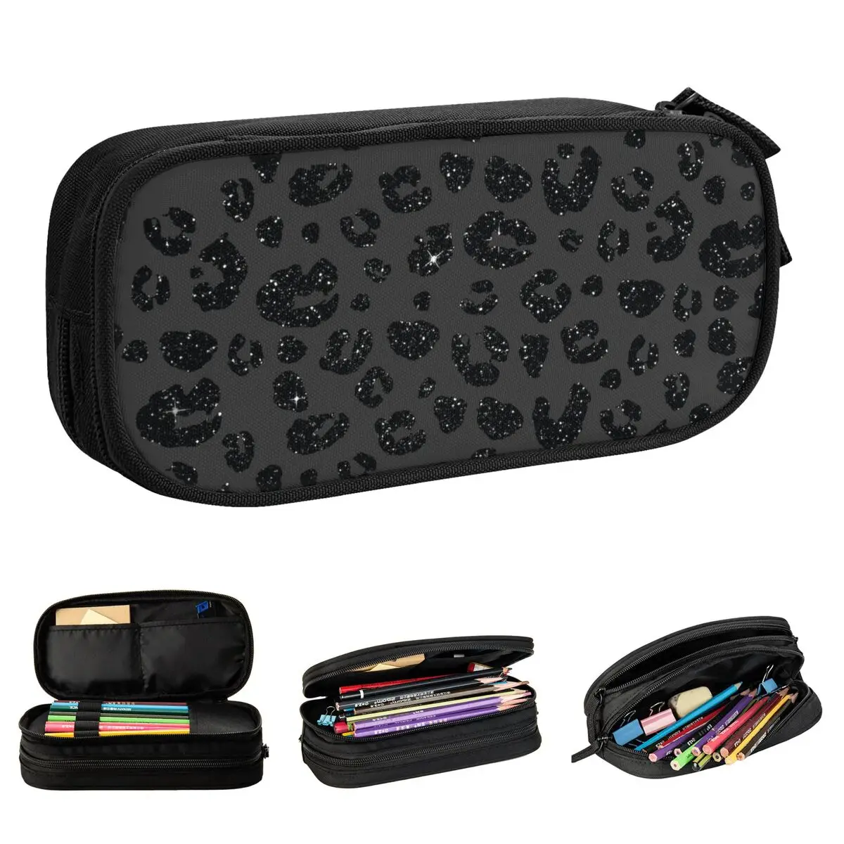 Black Leopard Print Pencil Cases Fun Pen Pencil Bags Student Big Capacity School Supplies Zipper Pencilcases