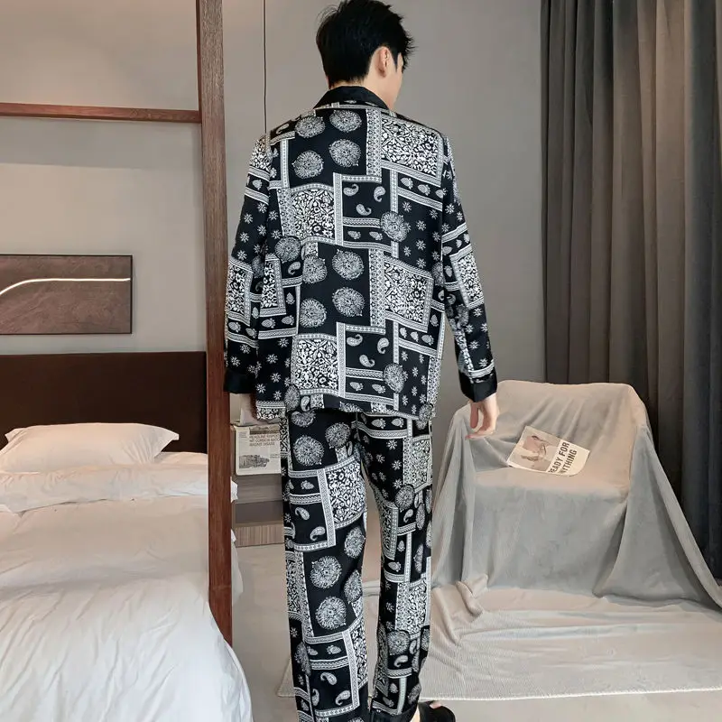 2024 New Men Ice Silk Pajamas Spring Autumn Male Long Sleeve Thin Artificial Silk Homewear Suit Fashion Large Size Sleepwear