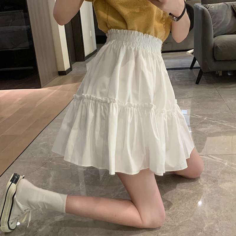 JMPRS Elegant White Women Mini Skirt Elastic High Waist A Line Fashion Ruffles Student Skirts Summer Black Casual Ladies Skirts pleated midi skirt