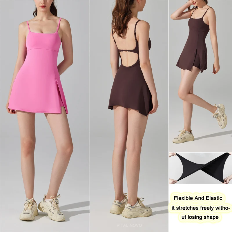 Womens Spaghetti Strap Tennis Dress Scoop Neck Workout Dress with Built-in Bra Workout Side Slit Active Golf Dresses VITALINOVO Women Dress Sports Clothing