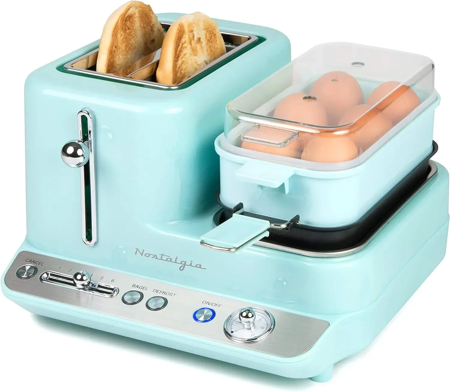 NEW Classic Retro 3-in-1 Breakfast Station, 2-Wide Slot Toaster With Adjustable Toasting Control, Non-Stick Griddle
