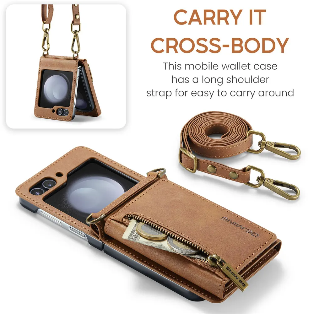 Vintage Lanyard Leather Wallet Case with Credit Card Slots