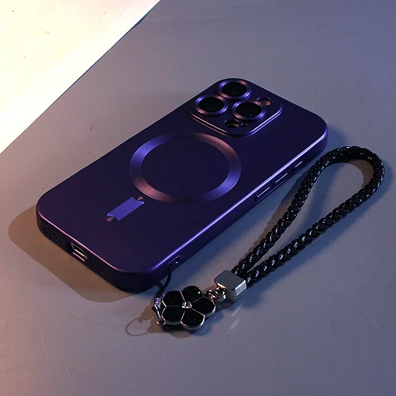 Luxury Matte Magnetic Wireless Charging Case with Strap - Soft TPU Cover