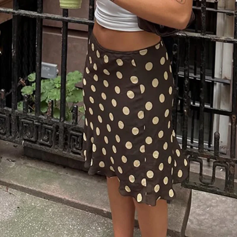 Women Polka Dot Midi Skirt Y2k Fairy Coquette Low Waist Semi Sheer A-line Skirt Summer Going Out Flowy Midi Skirt Streetwear 4