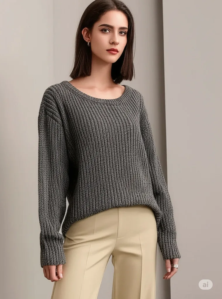 Europäischen Amerikanischen Einfarbig Rundhals Pullover frauen Herbst Winter Neue Lose Lange ärmeln Pullover Pullover – Detail 7