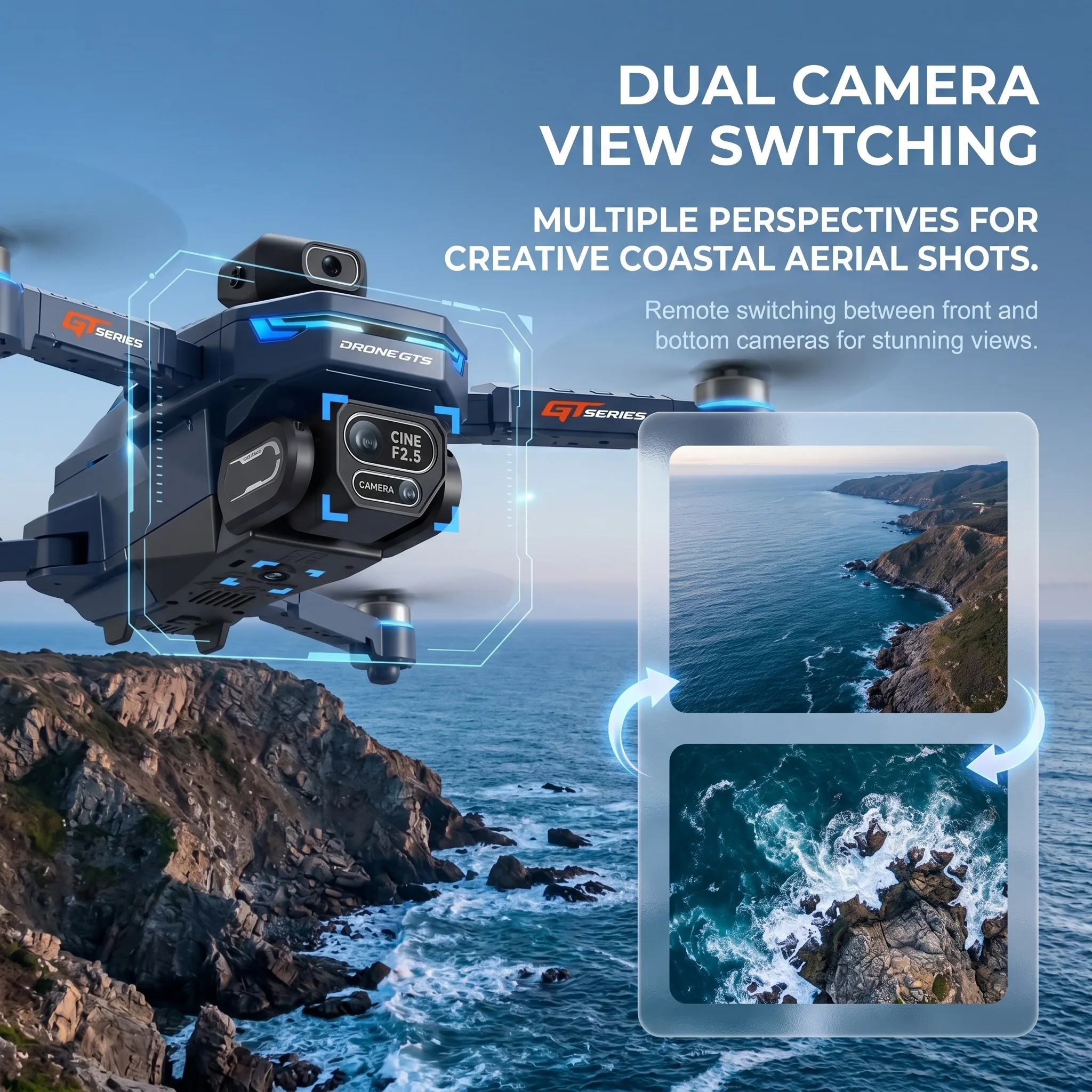 Gros plan sur la caméra 8K du Drone GT8, avec capteur et objectif de haute qualité